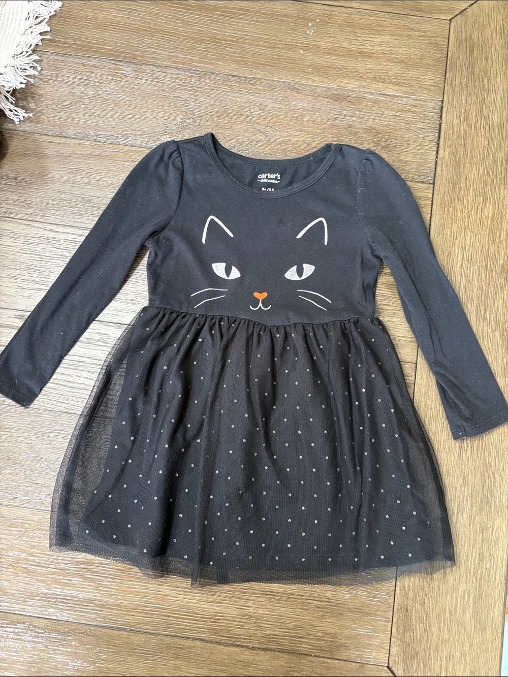Carter's Black Long-Sleeve Kitty Tulle Dress with Polka Dot Skirt 3T
